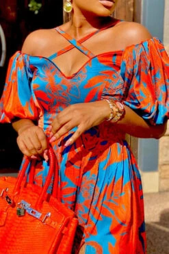 Leaf Print Retro High Slipt Maxi Dress -Clothing Outlet Store C22070609 OR 3