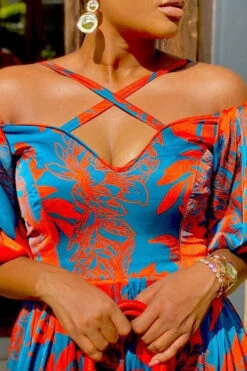 Leaf Print Retro High Slipt Maxi Dress -Clothing Outlet Store C22070609 OR 4