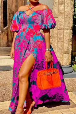 Leaf Print Retro High Slipt Maxi Dress -Clothing Outlet Store C22070609 RR 1