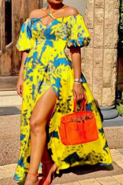 Leaf Print Retro High Slipt Maxi Dress -Clothing Outlet Store C22070609 YE 1