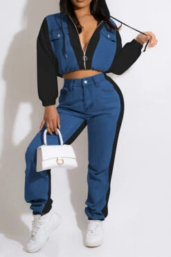 Patchwork Boyish Zipped Design Pant Suit -Clothing Outlet Store C22072010 BK 1 2bb2af57 aee3 4d4f 87bb 706b1ac3c9a2