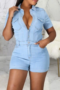 Denim Sporty Single Breasted Romper