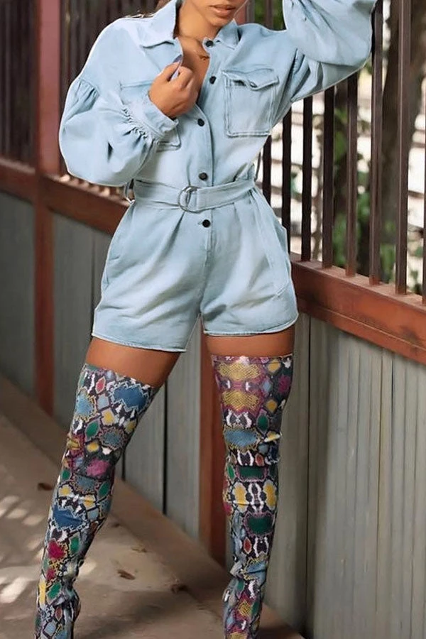 Denim Cool Single Breasted Romper (With Belt) 1 Denim Cool Single Breasted Romper (With Belt)