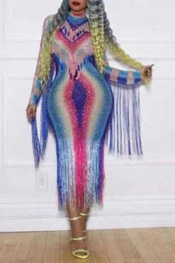 Gradient Unusual Tassel Midi Dress