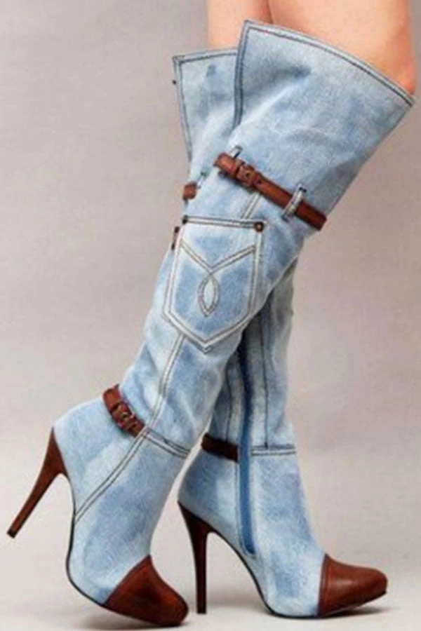 Denim Patchwork Funky Buckled Boots 1 Denim Patchwork Funky Buckled Boots