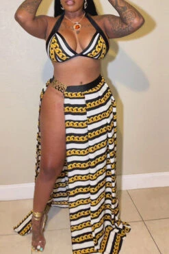 Chain Print Modern High Slipt Three Pieces