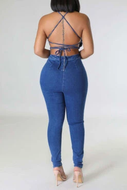 Blue Denim Smart Backless Jumpsuit -Clothing Outlet Store C22090978 BL 4 18c8fa73 5792 408b a3d3 0c6d2b9fb34a