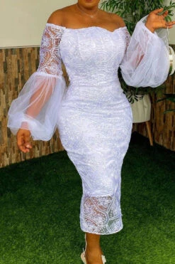 Lace Elegant Off Shoulder Midi Dress -Clothing Outlet Store C22091532 WH 3