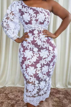 Lace Pretty One Shoulder Midi Dress
