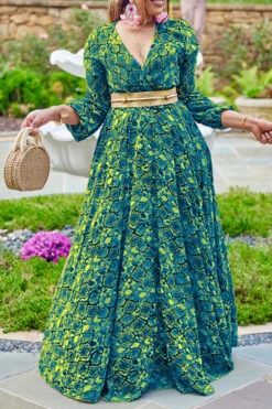 Snake Print Retro Maxi Dress With Belt 10 Snake Print Retro Maxi Dress With Belt -Clothing Outlet Store C22101303 GR 1