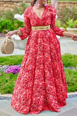 Snake Print Retro Maxi Dress With Belt 12 Snake Print Retro Maxi Dress With Belt -Clothing Outlet Store C22101303 RE 1