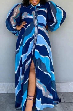 Graphic Print Casual Single Breasted Maxi Dress -Clothing Outlet Store C22101304 BL 3