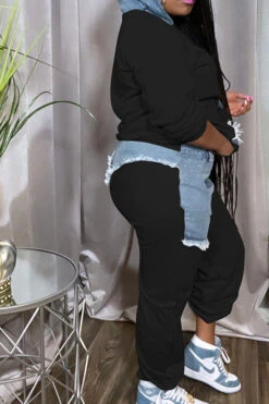 Denim Patchwork Sporty Pant Suit 13 Denim Patchwork Sporty Pant Suit -Clothing Outlet Store C22101343 BK 3