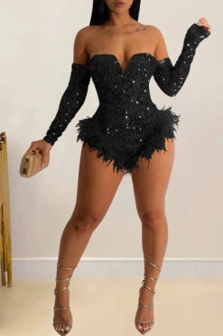 Sequined Smart Fluffy Romper 12 Sequined Smart Fluffy Romper -Clothing Outlet Store C22121334 BK 1
