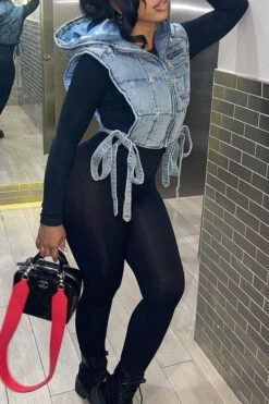 Blue Cool Lace-Up Denim Coat -Clothing Outlet Store C22122110 BL 3