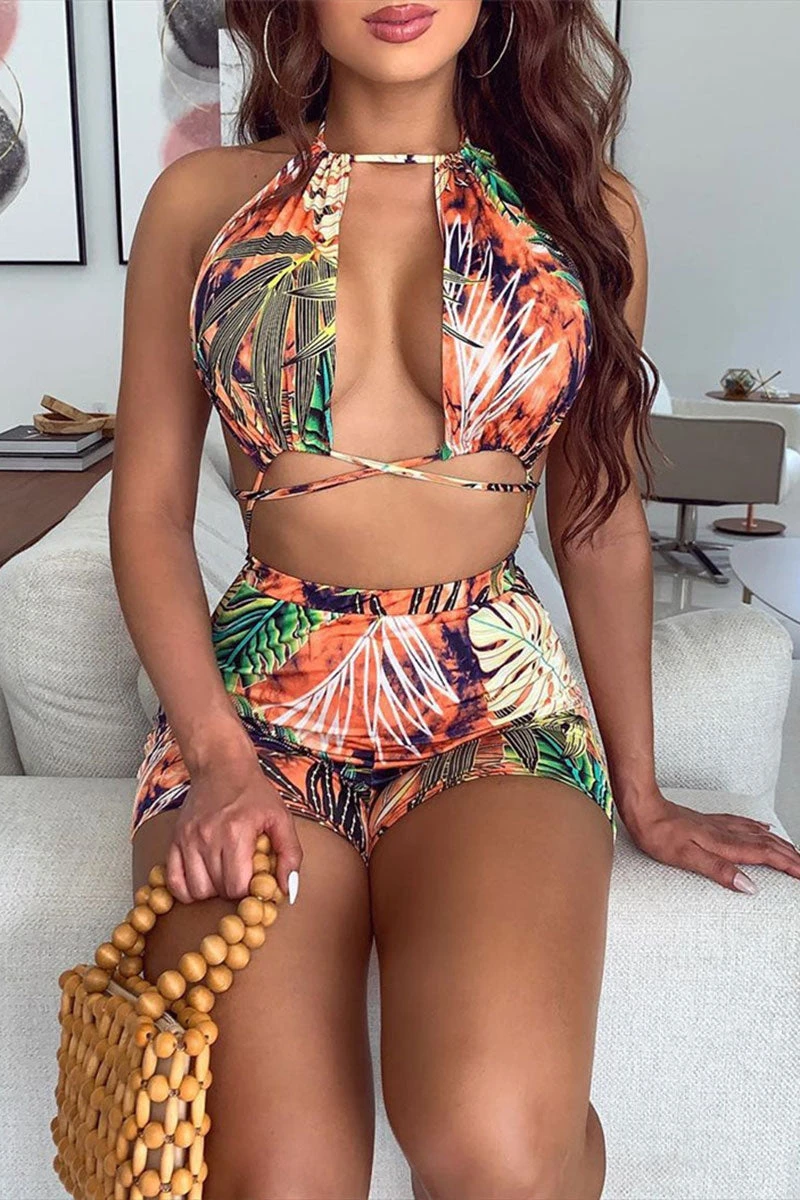 Leaf Print Tropical Strappy Backless Bikini 4 Leaf Print Tropical Strappy Backless Bikini - Image 4