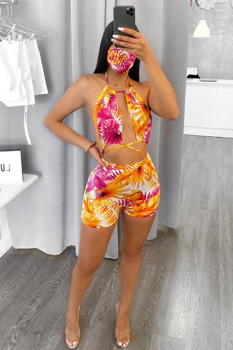 Leaf Print Tropical Strappy Backless Bikini 3 Leaf Print Tropical Strappy Backless Bikini - Image 3