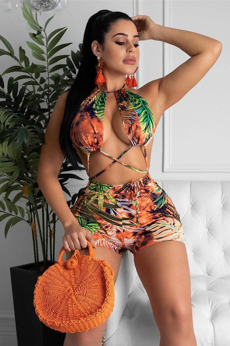 Leaf Print Tropical Strappy Backless Bikini 7 Leaf Print Tropical Strappy Backless Bikini - Image 7