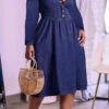 Solid Color Casual Denim Midi Dress