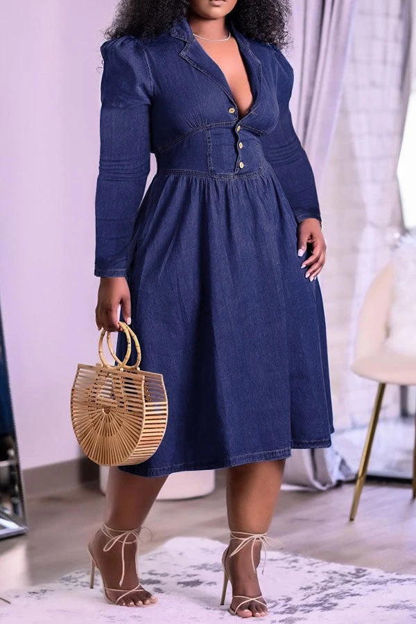 Solid Color Casual Denim Midi Dress 1 Solid Color Casual Denim Midi Dress
