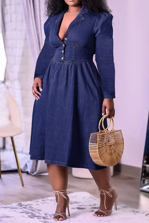 Solid Color Casual Denim Midi Dress 2 Solid Color Casual Denim Midi Dress - Image 2