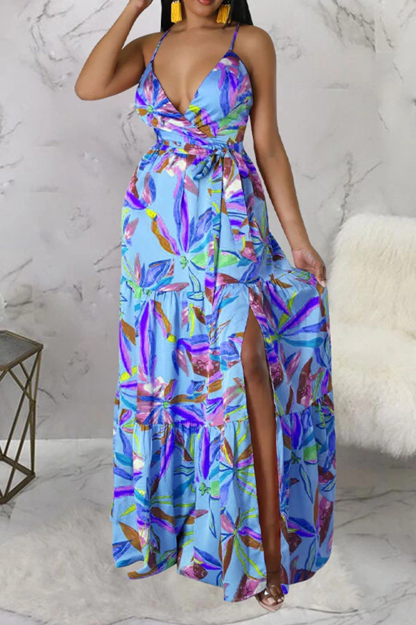 Floral Print On-trend Lace-Up High Split Maxi Dress 10 Floral Print On-trend Lace-Up High Split Maxi Dress - Image 10