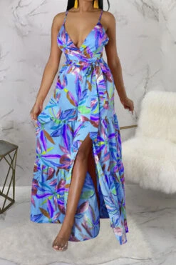 Floral Print On-trend Lace-Up High Split Maxi Dress 24 Floral Print On-trend Lace-Up High Split Maxi Dress -Clothing Outlet Store C23020838 BL 3