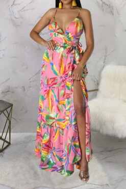Floral Print On-trend Lace-Up High Split Maxi Dress 15 Floral Print On-trend Lace-Up High Split Maxi Dress -Clothing Outlet Store C23020838 PI 3