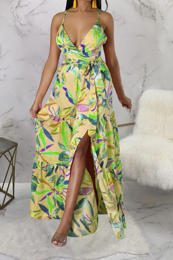 Floral Print On-trend Lace-Up High Split Maxi Dress 8 Floral Print On-trend Lace-Up High Split Maxi Dress - Image 8