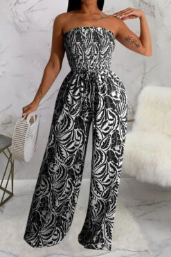 Floral Print Retro Strap Shirred Wide Leg Jumpsuit -Clothing Outlet Store C23020846 BK 1