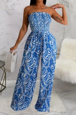 Floral Print Retro Strap Shirred Wide Leg Jumpsuit -Clothing Outlet Store C23020846 BL 1