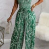Floral Print Retro Strap Shirred Wide Leg Jumpsuit