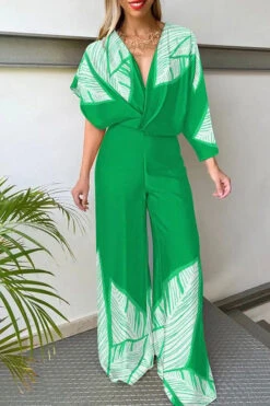 Solid Color Elegant Asymmetric Sleeve Open Back Jumpsuit -Clothing Outlet Store C23021520 GR 1