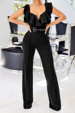 Solid Color Glamorous Ruffle Cold Shoulder Jumpsuit (With Belt) -Clothing Outlet Store C23021526 BK 1