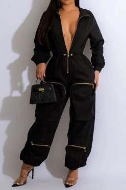 Solid Color Sporty Multi Pocket Drawstring Jumpsuit -Clothing Outlet Store C23021528 BK 1