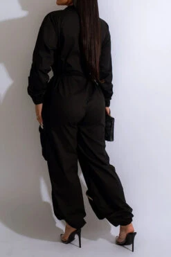 Solid Color Sporty Multi Pocket Drawstring Jumpsuit -Clothing Outlet Store C23021528 BK 2