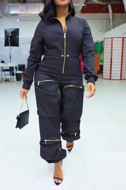 Solid Color Sporty Multi Pocket Drawstring Jumpsuit -Clothing Outlet Store C23021528 BK 3