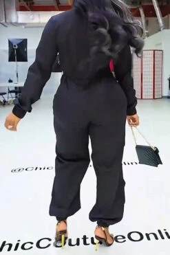 Solid Color Sporty Multi Pocket Drawstring Jumpsuit -Clothing Outlet Store C23021528 BK 4