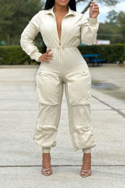 Solid Color Sporty Multi Pocket Drawstring Jumpsuit