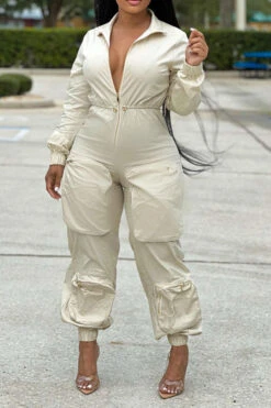 Solid Color Sporty Multi Pocket Drawstring Jumpsuit -Clothing Outlet Store C23021528 WH 4