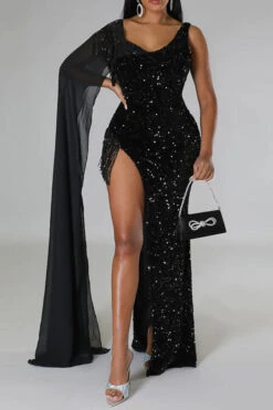 Sequined Luxe Tassel Trim High Split Maxi Dress -Clothing Outlet Store C23021539 BK 3