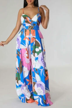 Flower Print Smart Belted Wide Leg Jumpsuit -Clothing Outlet Store C23021560 RT 3