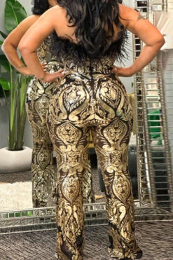 Tribal Pattern Sequined Luxe Feather Trim Jumpsuit -Clothing Outlet Store C23022021 GO 4
