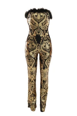 Tribal Pattern Sequined Luxe Feather Trim Jumpsuit -Clothing Outlet Store C23022021 GO 5