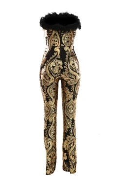Tribal Pattern Sequined Luxe Feather Trim Jumpsuit -Clothing Outlet Store C23022021 GO 6
