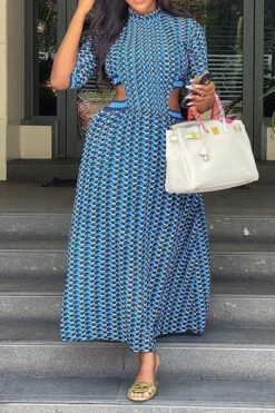 Geometric Print Unusual Cutout Waist Midi Dress