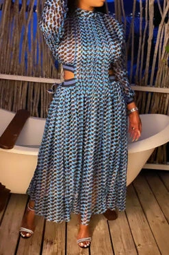 Geometric Print Unusual Cutout Waist Midi Dress -Clothing Outlet Store C23022024 BL 3
