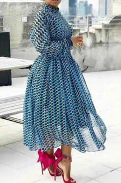 Geometric Print Unusual Cutout Waist Midi Dress -Clothing Outlet Store C23022024 BL 4