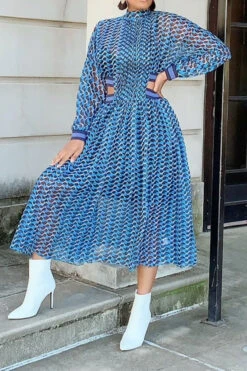 Geometric Print Unusual Cutout Waist Midi Dress -Clothing Outlet Store C23022024 BL 6