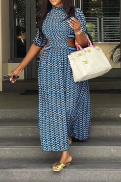 Geometric Print Unusual Cutout Waist Midi Dress -Clothing Outlet Store C23022024 BL 7